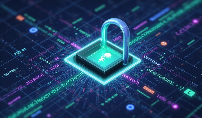 Illustration of data privacy and security with a padlock icon over abstract data streams.