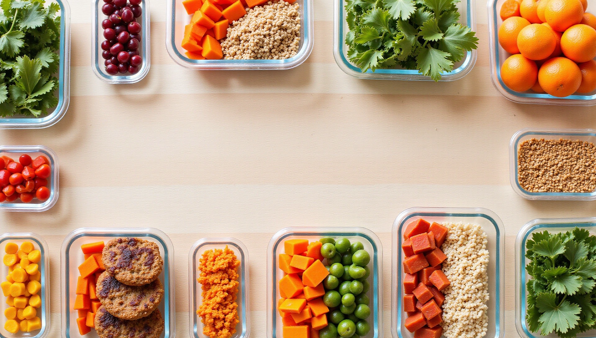 Diverse healthy meal prep, organized and clean, on a light wooden table