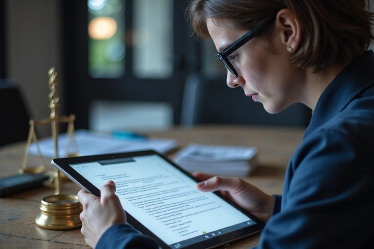 Person reading a legal document on a tablet, representing terms and conditions.